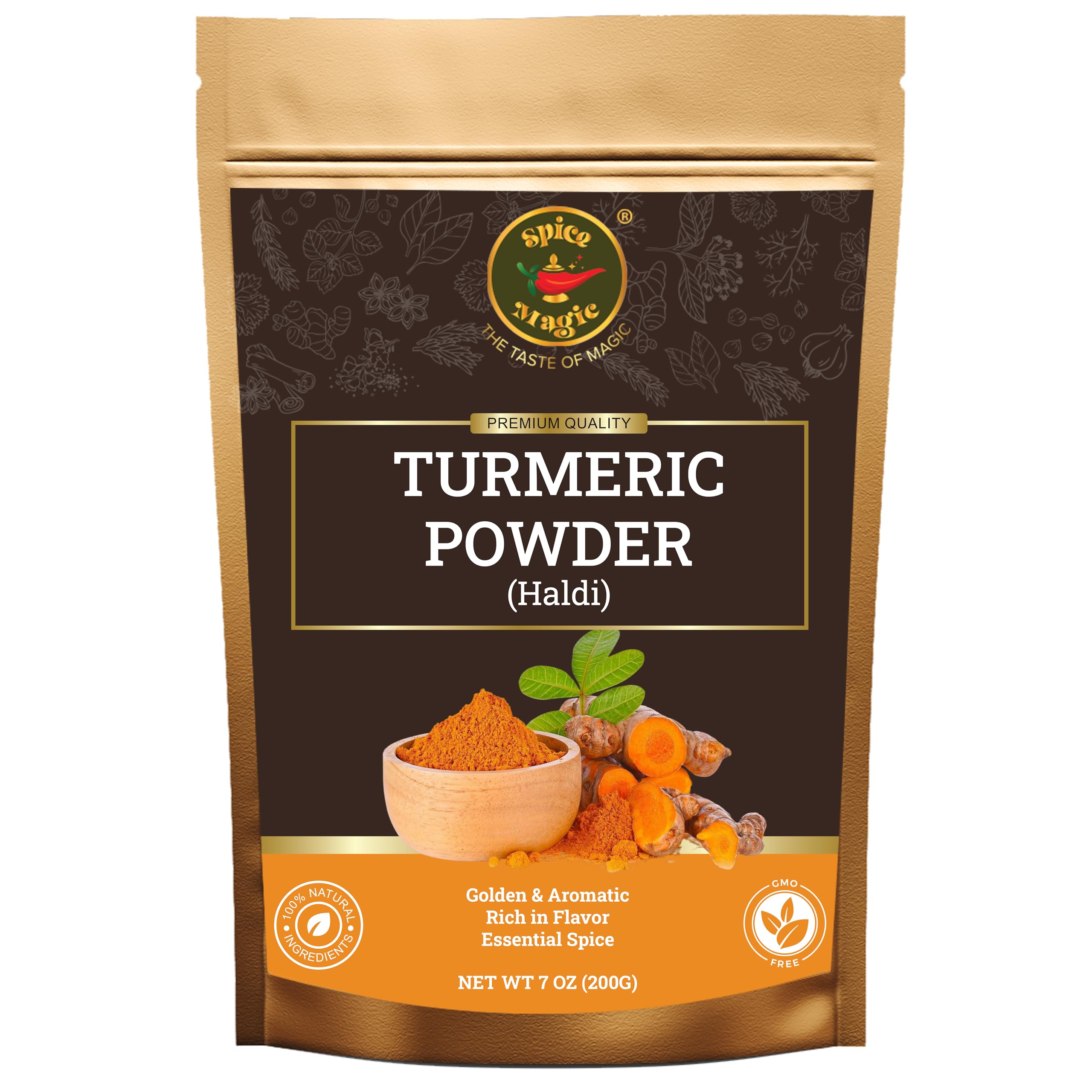 Spice Magic Turmeric Root Powder High Curcumin – 7 oz (200g) | Pure Ground Turmeric Root for Curries, Soups, Teas, Masala & Golden Milk | Gluten-Free, Freshly Packed, Non-Irradiated