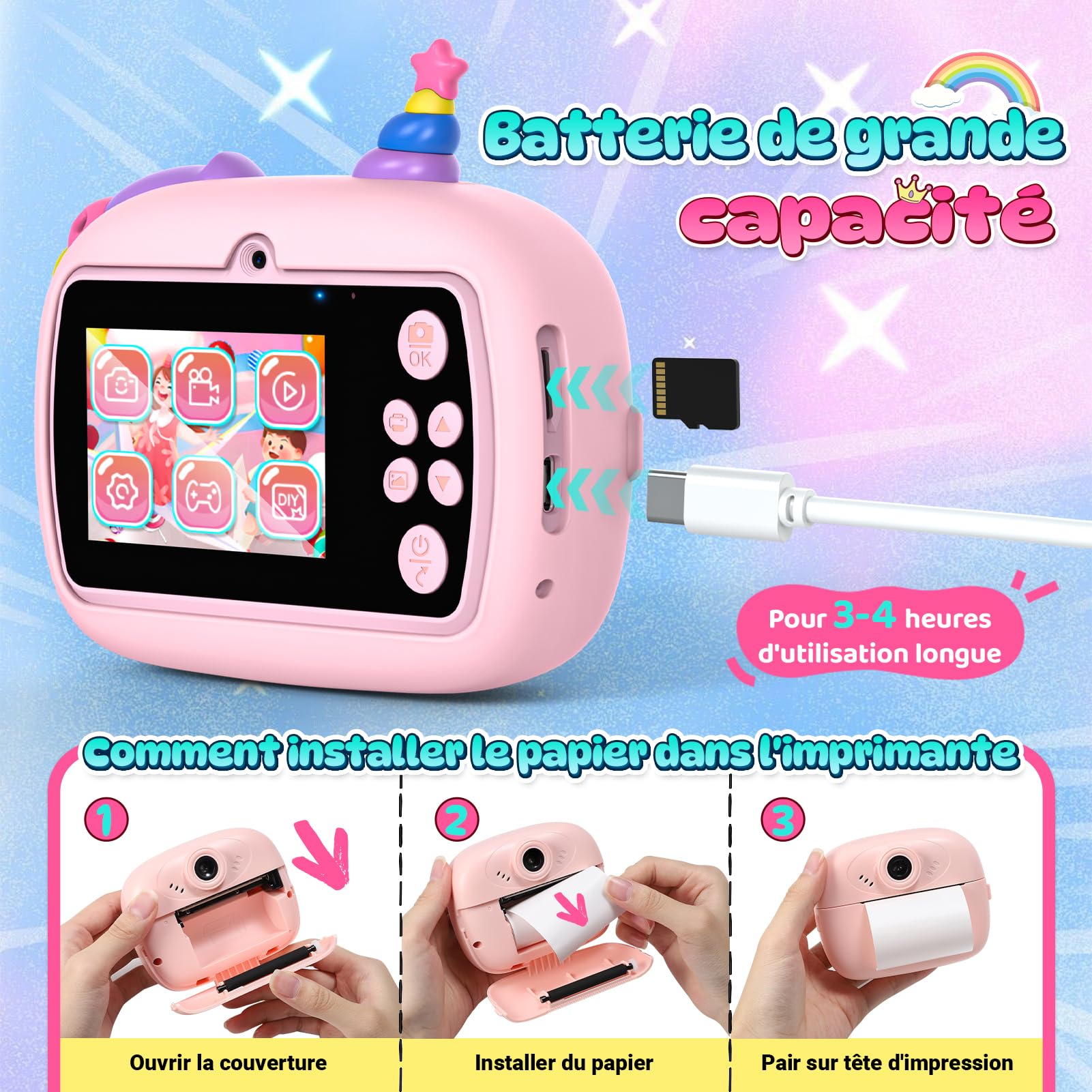 Wootoyz Sofortbildkamera, Einhorn Geschenk für Mädchen Kinderkamera Mädchen 4 5 6 7 8 Jahre Spielzeug ab 3-12 Jahr Einhorn Spielzeug ab 5 6 7 8 Jahre Sofortbildkamera Kinder 32G Karte Rosa