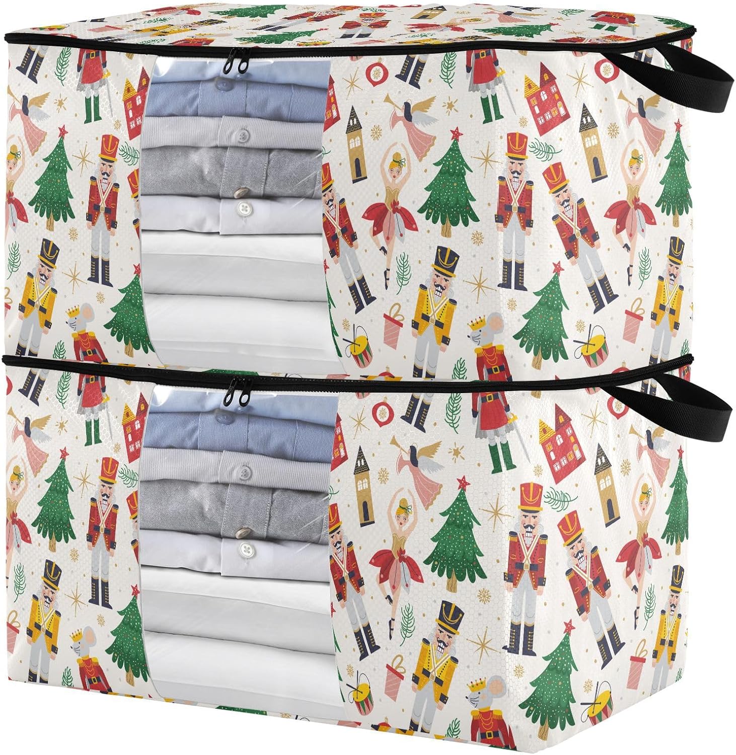 Christmas Clothes Storage Bag Foldable Storage Bin with Handle Zipper Clear Window Closet Organizer for Bedding Blankets 60L