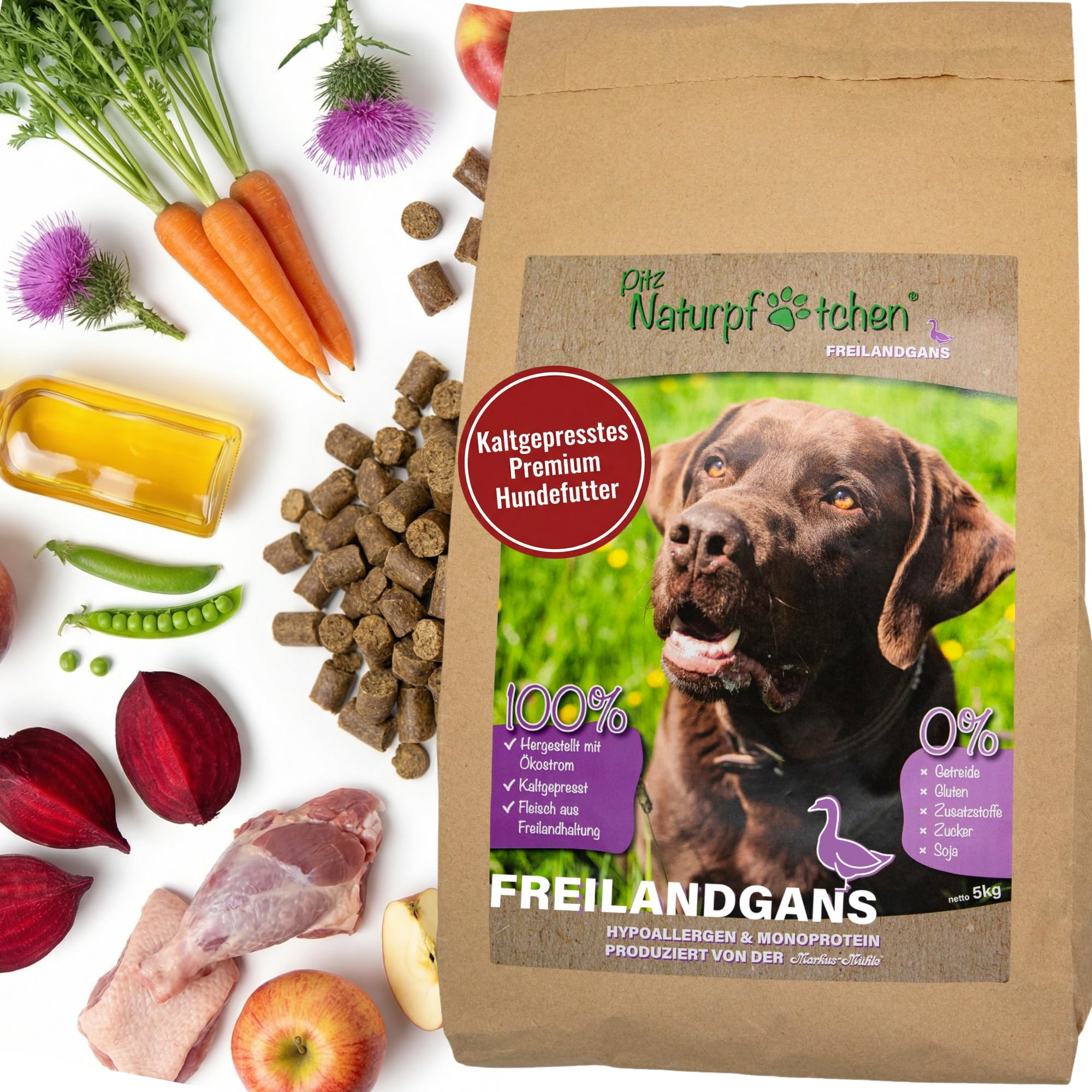 Naturpfötchen Freilandgans 800g - Kaltgepresstes Premiumfutter aus Freilandhaltung - Reich an Ballaststoffen und Protein (25%) - ohne Konservierungsstoffe - Produziert von der Markus Mühle