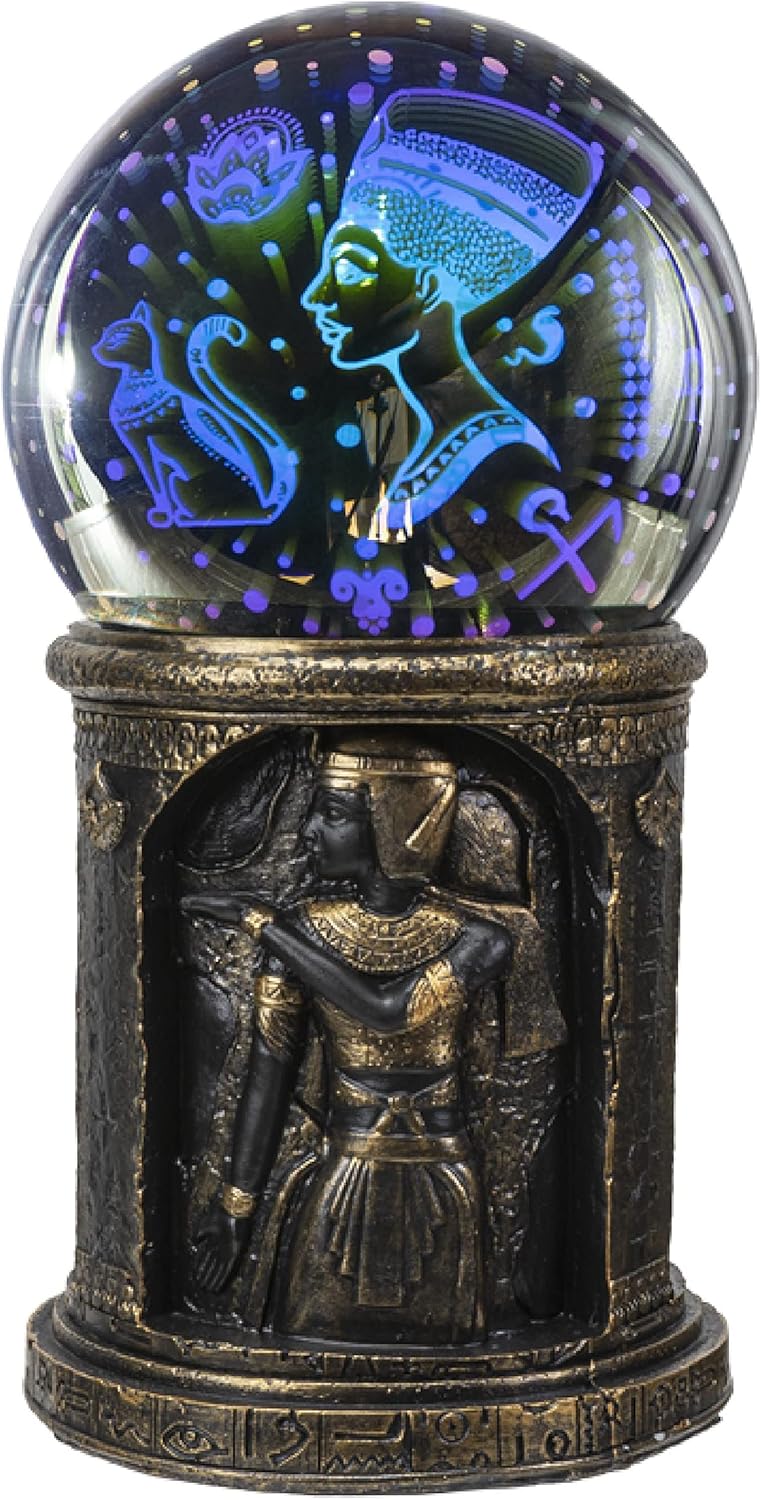 Ebros Gift Classical Egyptian Gods Goddesses Nefertiti Astrology Pillar Column Glass Ball Orb with Engraved Clear Acrylic Artwork LED Night Light Courtesy Nightlight Ancient Egypt Religion