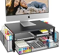 OPNICE 2-Tier Monitor Stand Riser with Drawer & 2 Pen Holders - Ergonomic Laptop Desk Organizer, Black