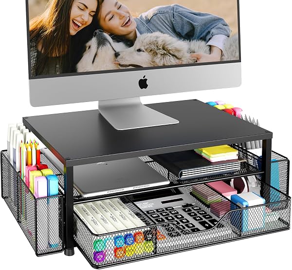OPNICE organizador de escritorio, soporte para monitor de 2 niveles con cajón y 2 portalápices, soporte para laptop, accesorios de oficina, negro