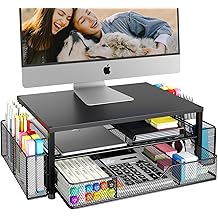 OPNICE Desk Organizer and Accessories, 2-Tier Computer Monitor Stand Riser with Drawer and 2 Pen Holders, Laptop Stand, Office Desk Accessories for Office Supplies, Black