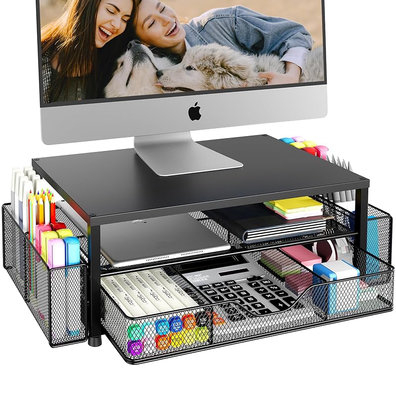 OPNICE Desk Organizer and Accessories, 2-Tier Computer Monitor Stand Riser with Drawer and 2 Pen Holders, Laptop Stand, Office Desk Accessories for Office Supplies, Black Black 1-Pack 2-Tier 1