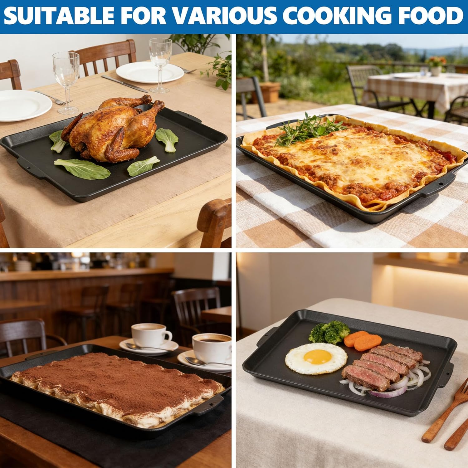 SafBbcue 19 x 11.5 Inch Cast Iron Griddle Pan for Stovetop, Oven, Grill, Campfire, Suitable for Kitchen and Outdoor Cooking, Roasting, Pan Frying, Baking