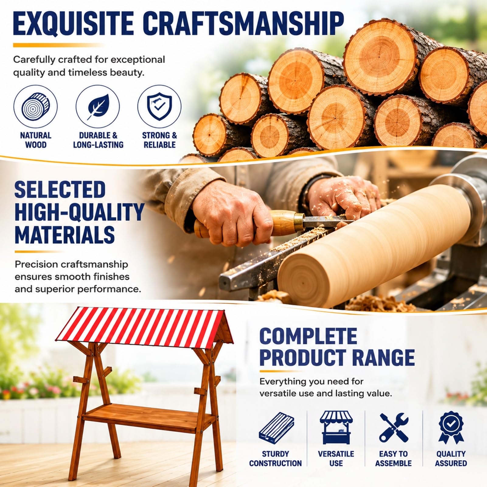 Carrello pieghevole in legno con tettoia a righe, carrello portatile per distributori di alimenti, per eventi all'aperto e mercatini di strada (rosso, 150 cm / 59in), ideale per festival e mercati