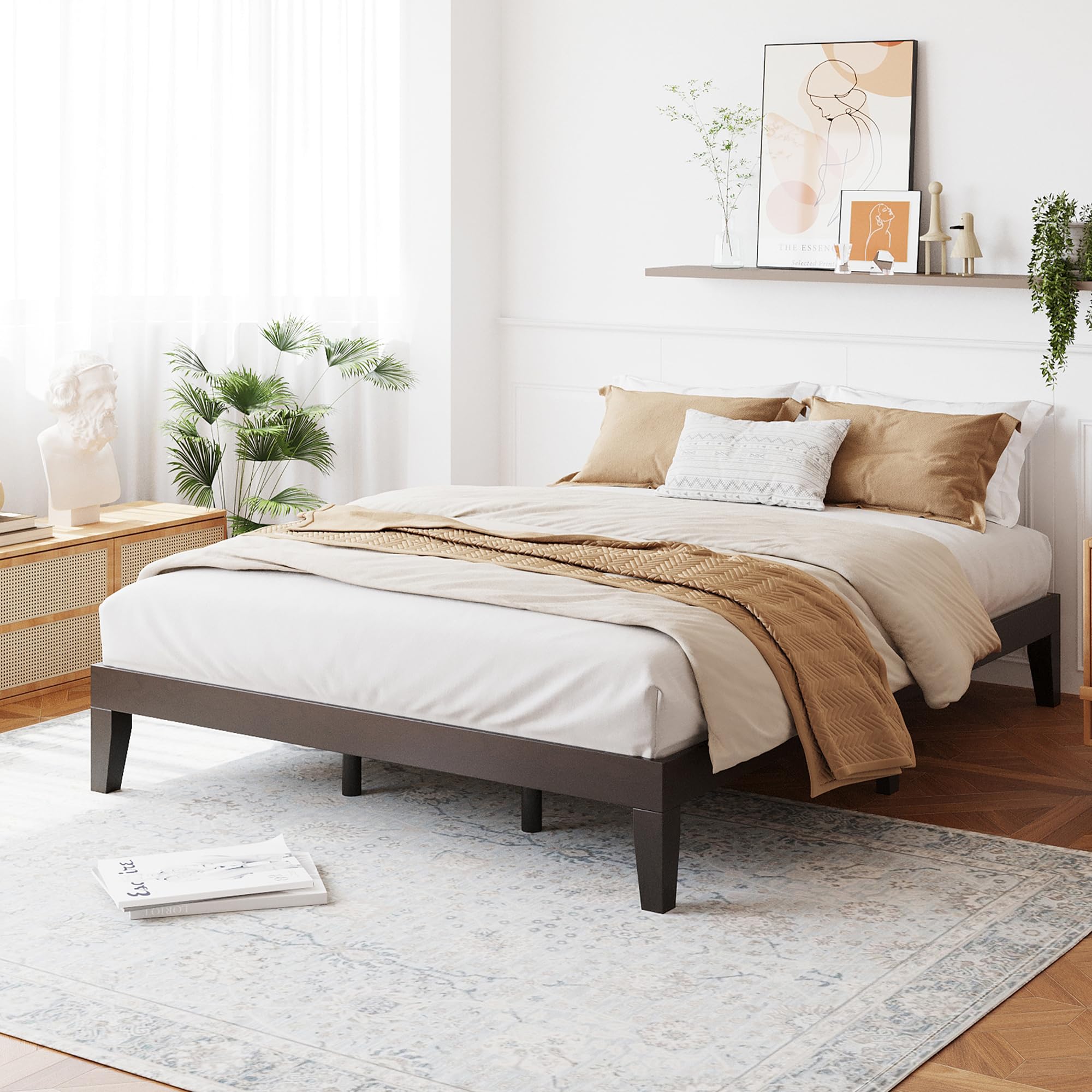 COLAMY 12 Inch Wood Platform Bed Frame，Sturdy Queen Size Bed Frame with Wood Slat Support, No Box Spring Needed,Espresso