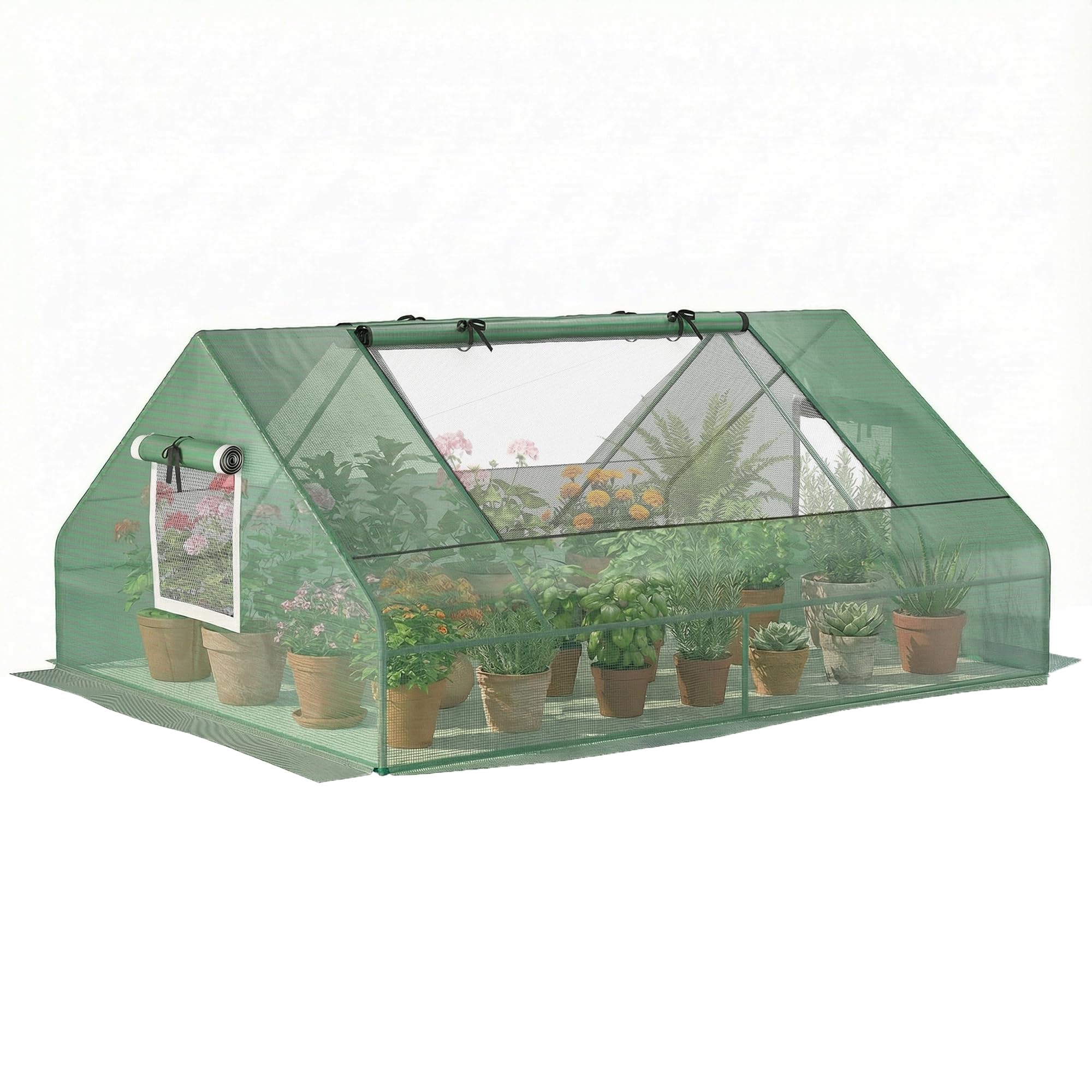 Outsunny Mini Serre de Jardin Toit Pointu 180 x 140 x 80 cm Vert foncé | Mini serre tunnel, Acier, PE haute densité 140 g/m², Anti-UV, 2 grandes fenêtres enroulables