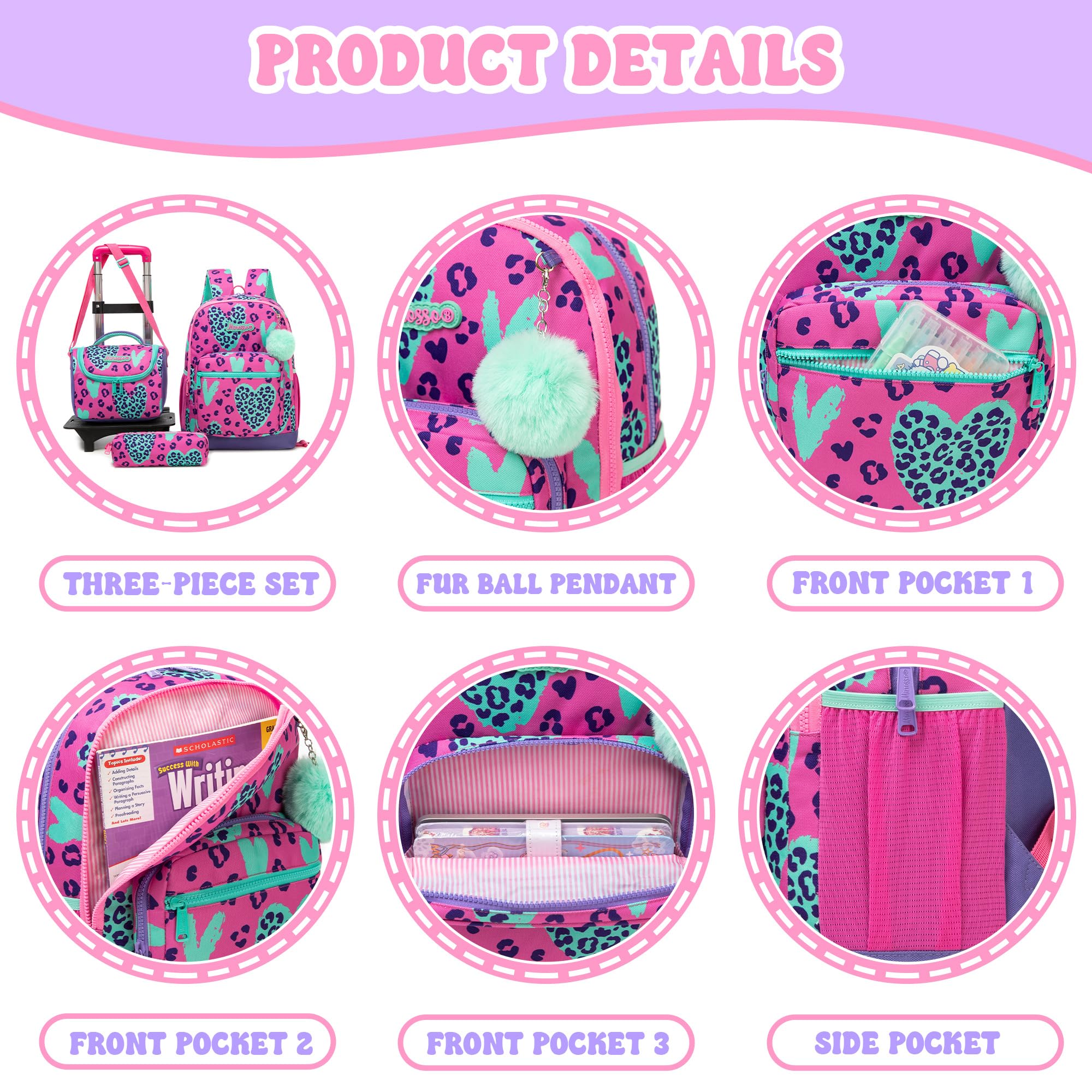 HTgroce Zaino Trolley Scuola Elementare Bambina - Set 3 in 1 con Portamerenda e Astuccio, Zainetto con Ruote Staccabile per Ragazze 8 Anni