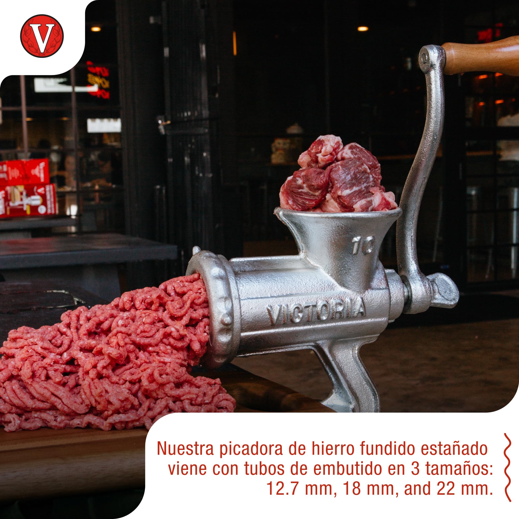 Victoria Picadora Trituradora de Carne Manual, Embutidora Salchichas, Chorizo, Máquina para Picar Carne para Embutidos, Hierro Fundido, Número 10, Meat Grinder con Abrazadera para Mesa