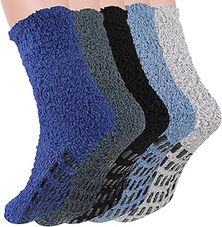 5 Pairs Fuzzy Socks for Men, Fuzzy Grip Socks Non Slip Winter Slipper Socks Warm Cozy Sleep Socks House Socks Hospital Socks Christmas Socks for Men