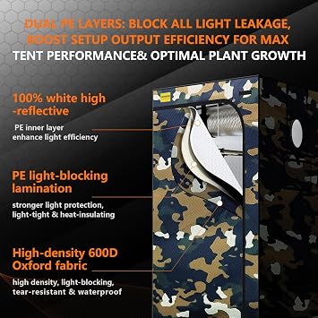 Grow Tent 120 x 120 x 200 cm 600D Oxford Grow Tent with Reflective Polyester Layer 19 mm Steel Tubes Viewing Window Ventilation Openings Removable Base Grow Tent for Hydroponics Home Growing