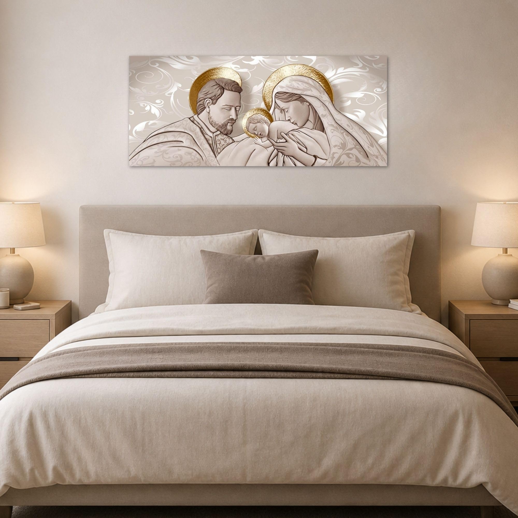 Lupia - Cuadro Moderno Sagrada Familia, Arte Religioso de Alta Definición, Decoración de Pared Artesanal Italiana, Ideal para Sala de Estar y Despacho, Marrón, 52x122 cm, PVC