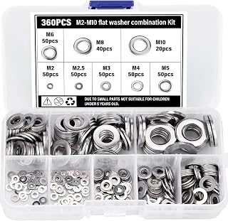 BEAUGIREW 360 Pieces 304 Stainless Steel Flat Washers Assortment Kit M2 M2.5 M3 M4 M5 M6 M8 M10 Round Lock Washer Assortment Set for Home Decoration Appliance and Factory Repairs