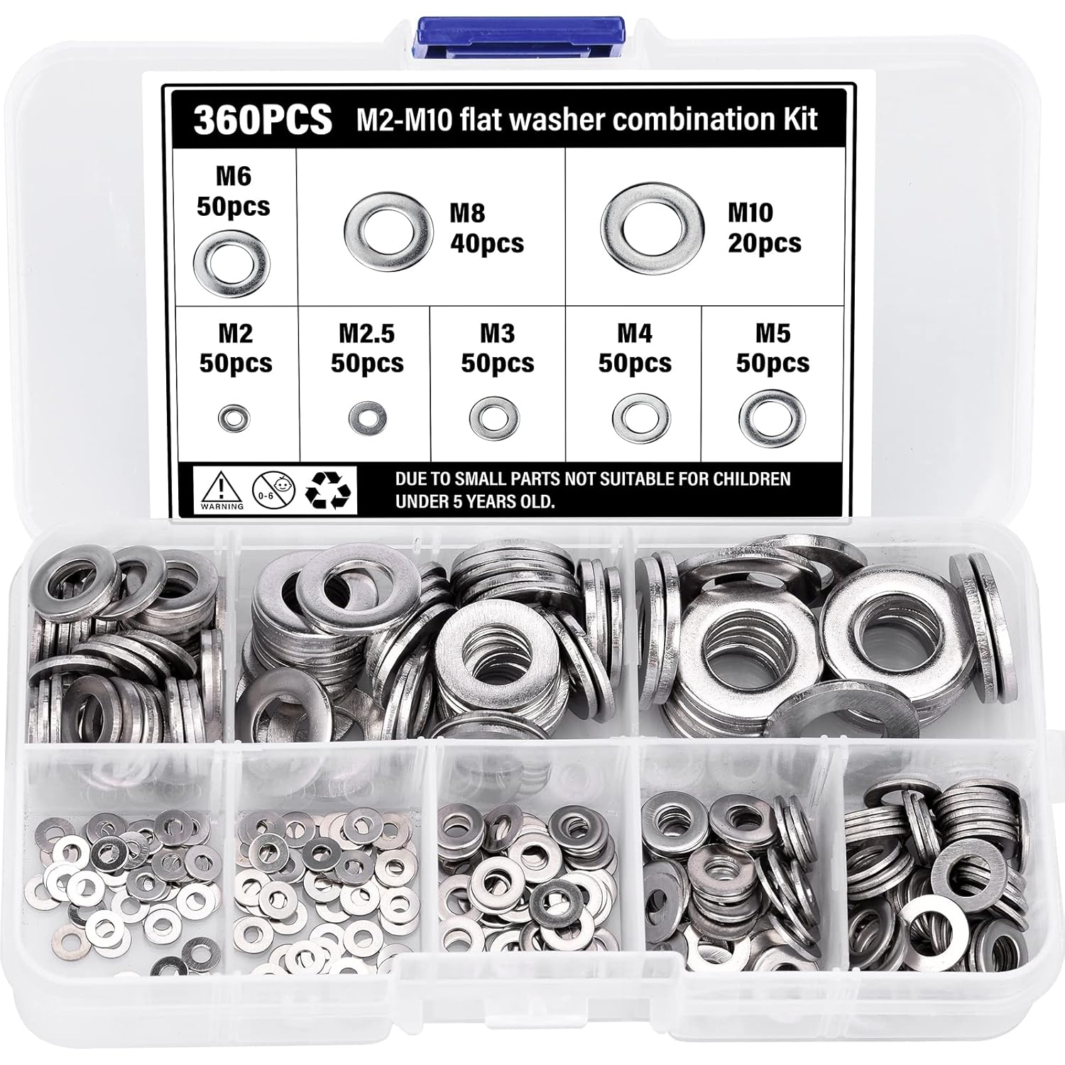 BEAUGIREW 360 Pieces 304 Stainless Steel Flat Washers Assortment Kit M2