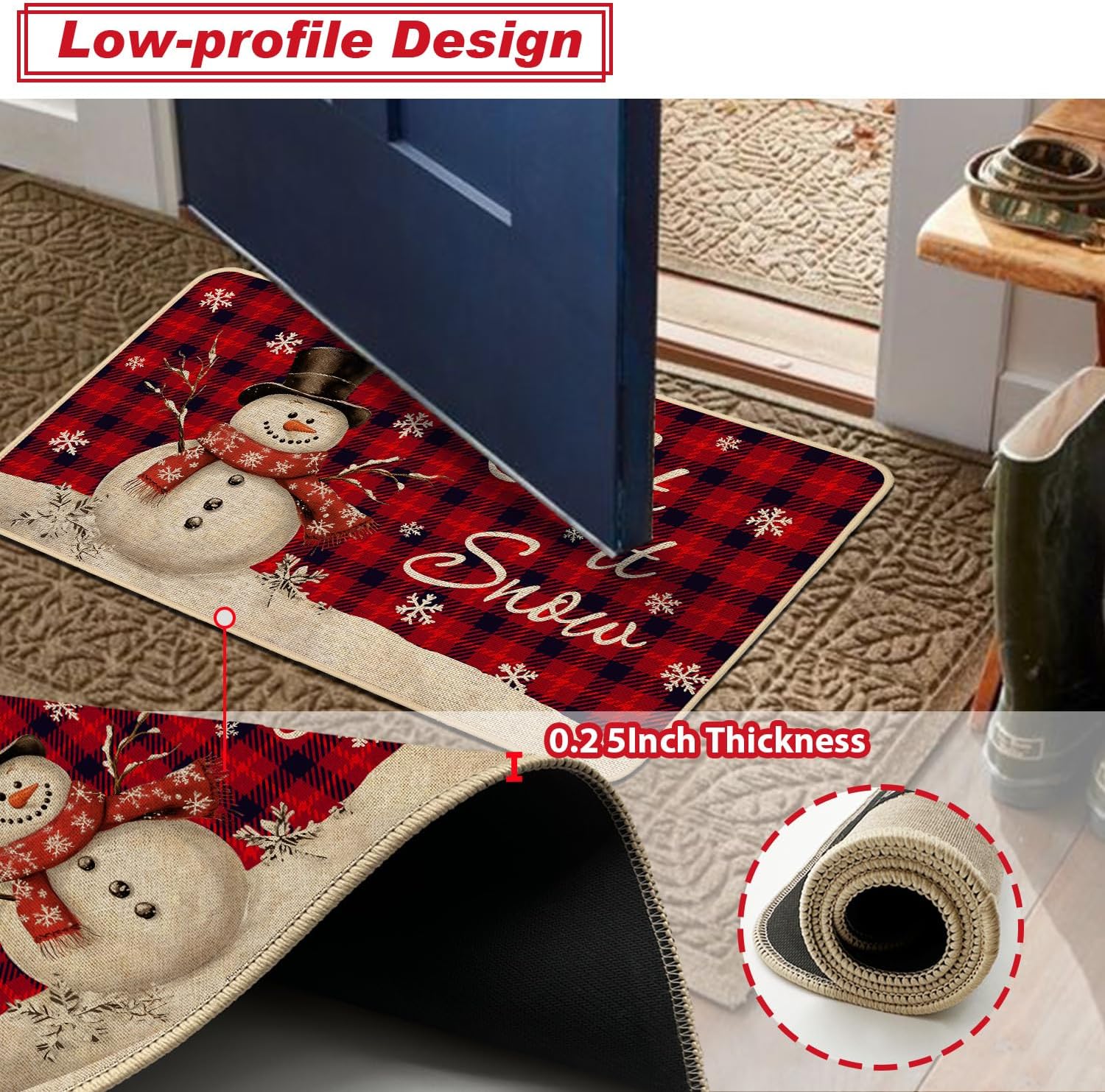 Baccessor Christmas Kitchen Rugs Set of 2, Buffalo Plaid Snowman Snowflake Kitchen Mats for Floor Hallway Laundry Sink Low-Profile Winter Holiday Home Decor 17x29 and 17x47 Inch