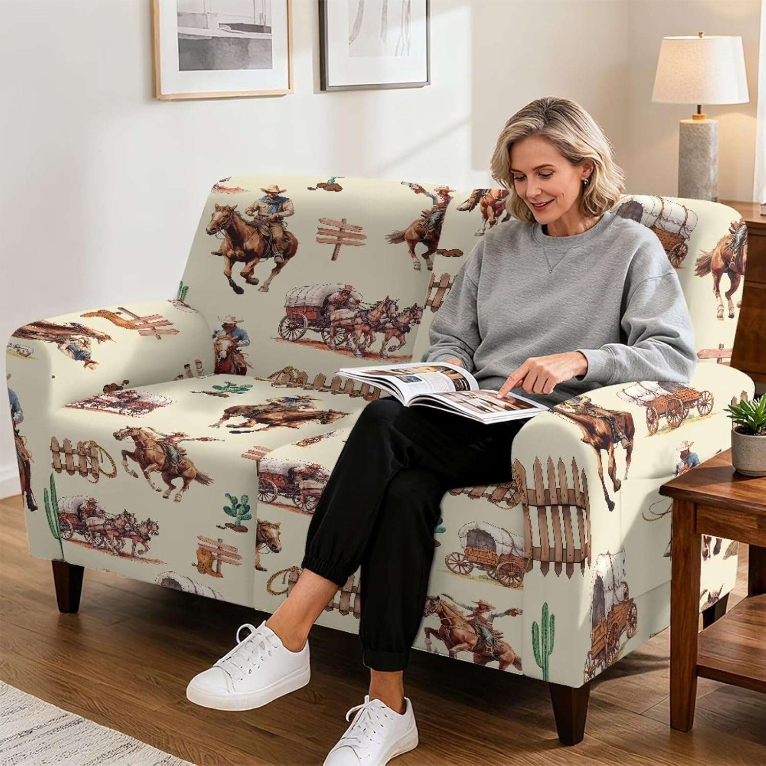 Horse Printed Furniture Covers for 2 Seat Loveseat Recliner Couch, Stretch Recliner Loveseat Cover Lazy Boy Reclining Slipcover with Pockets