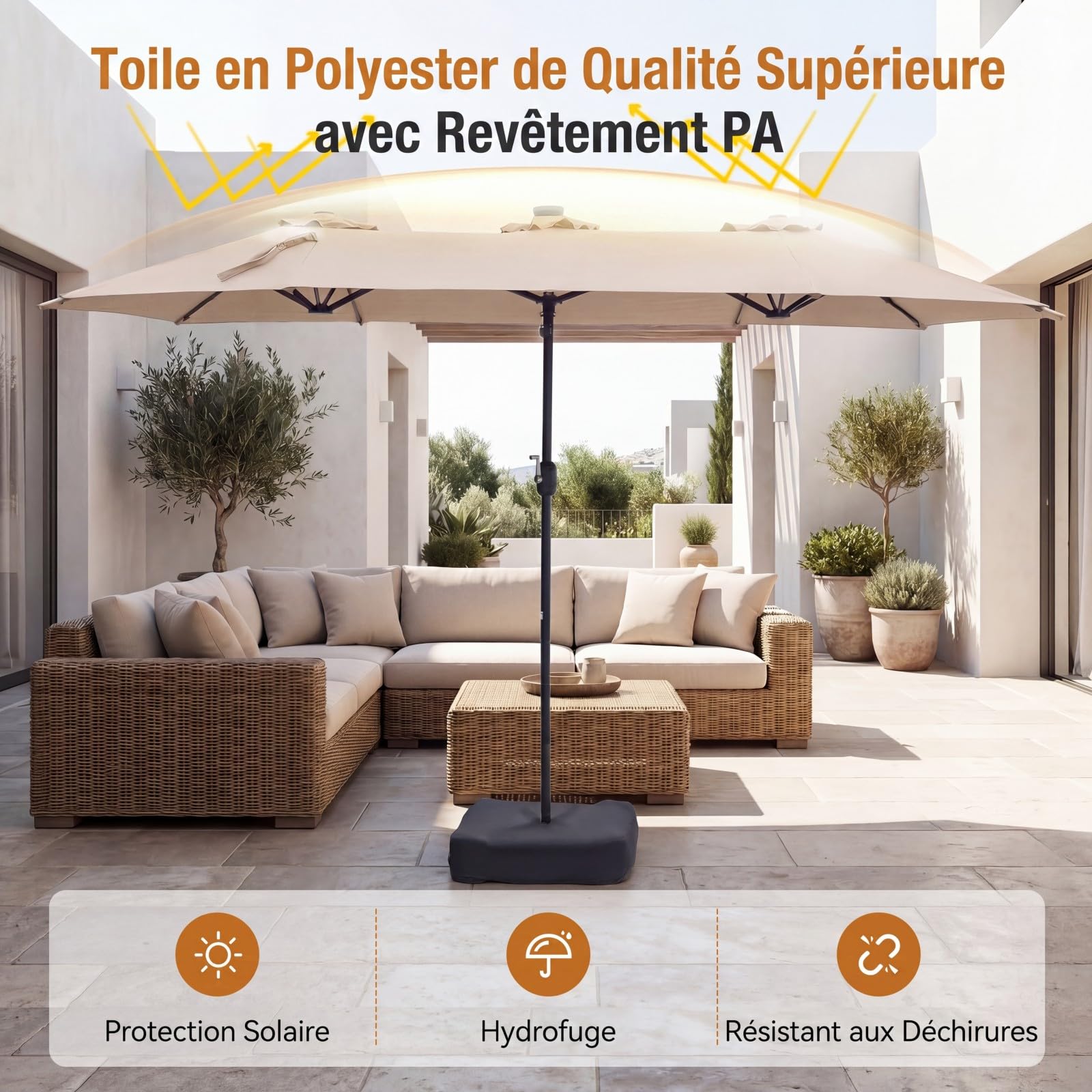 RELAX4LIFE Grand Parasol de Jardin Exterieur LED avec Pied, 4x2M Parasol Double Éclairé pour Terrasse/Piscine/Marché, 12 Baleines Renforcées, Manivelle, Protection Solaire pour 6-8 Personnes (Beige)