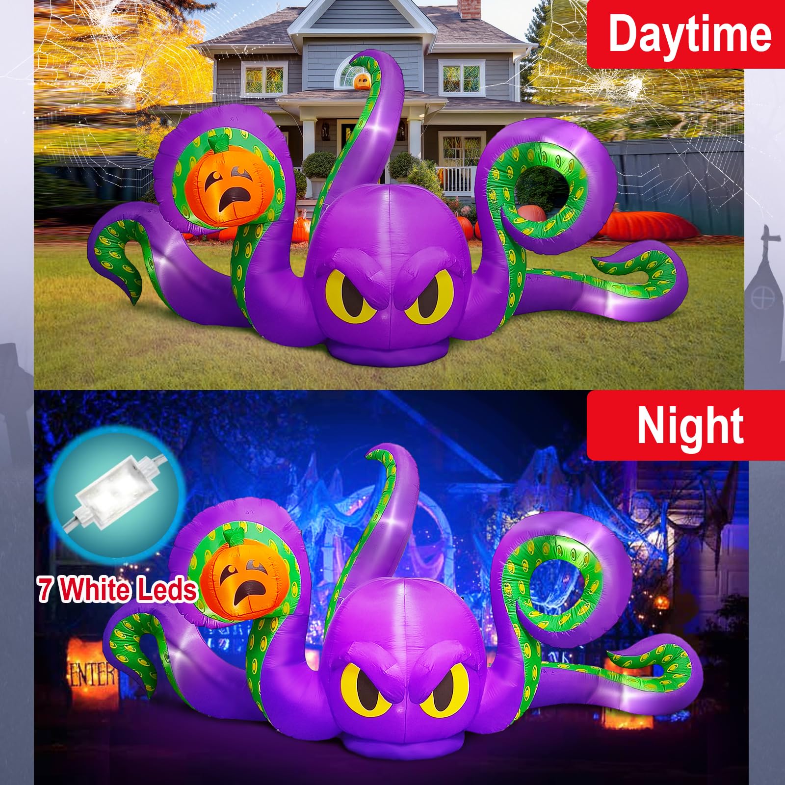 360CM Polpo Gonfiabile Halloween, con 7 luci LED integrate, polpo Gonfiabile per Gonfiabile Halloween Esterno