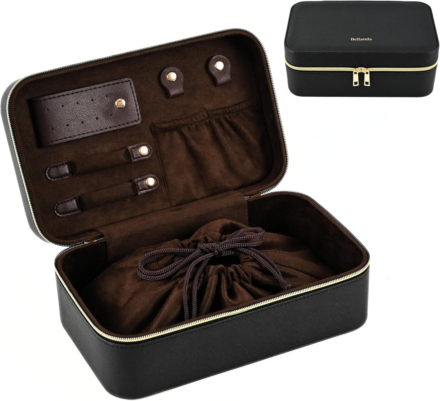Jewelry Organizer Case for Women, Waterproof Portable PU Leather Bag with Drawstring Pouch, Ring Holder, Earring Board & Necklace Holder, 10.2 × 6.3 × 4 inches, Black