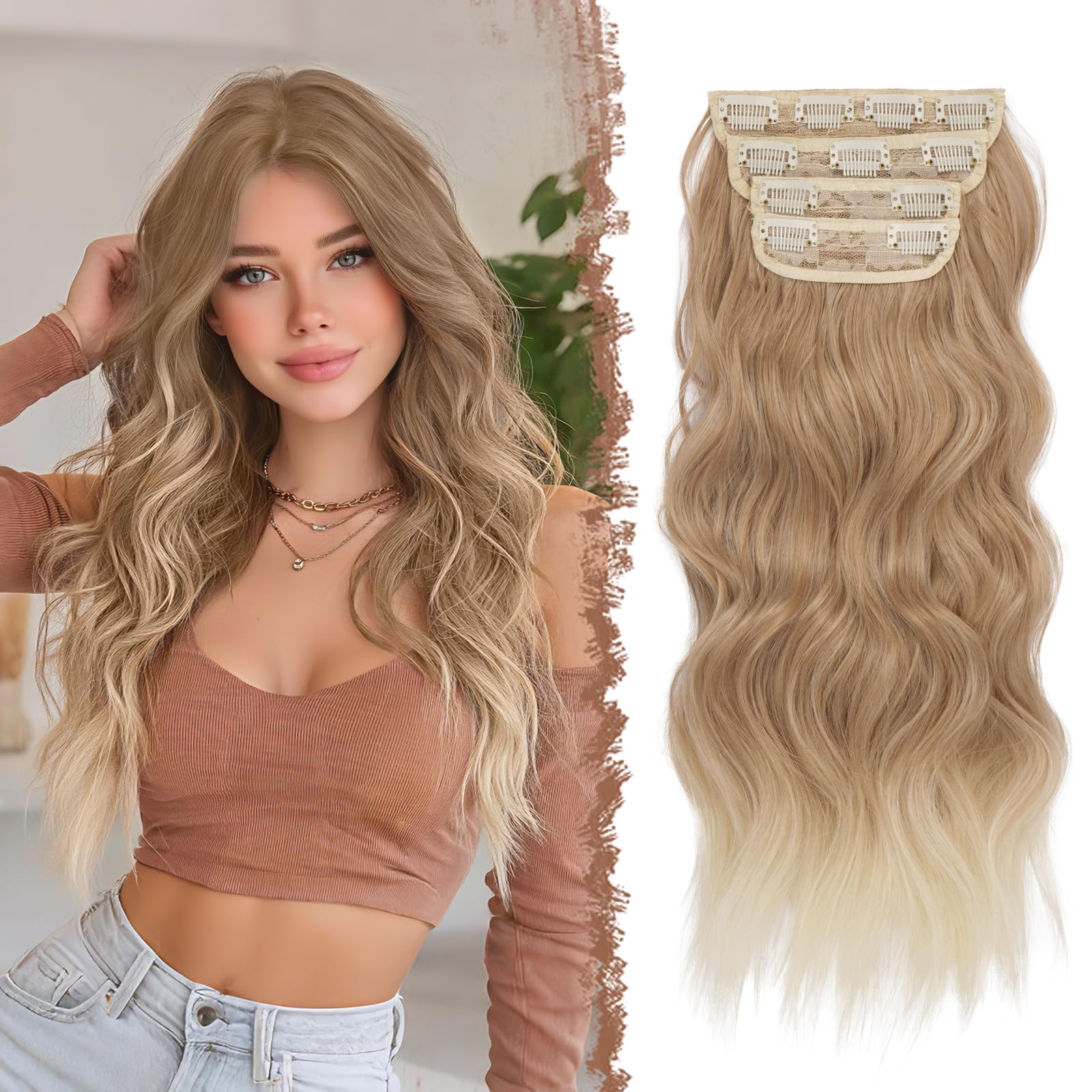 FESHFEN Clip in Extensions, 4PCS 50 cm Voller Kopf Haarverlängerungen mit Clips Synthetik Gewellte Haarextension Erdbeer Blond Wavy Haar Extensions Clip in Haarteil für Frauen, 180g