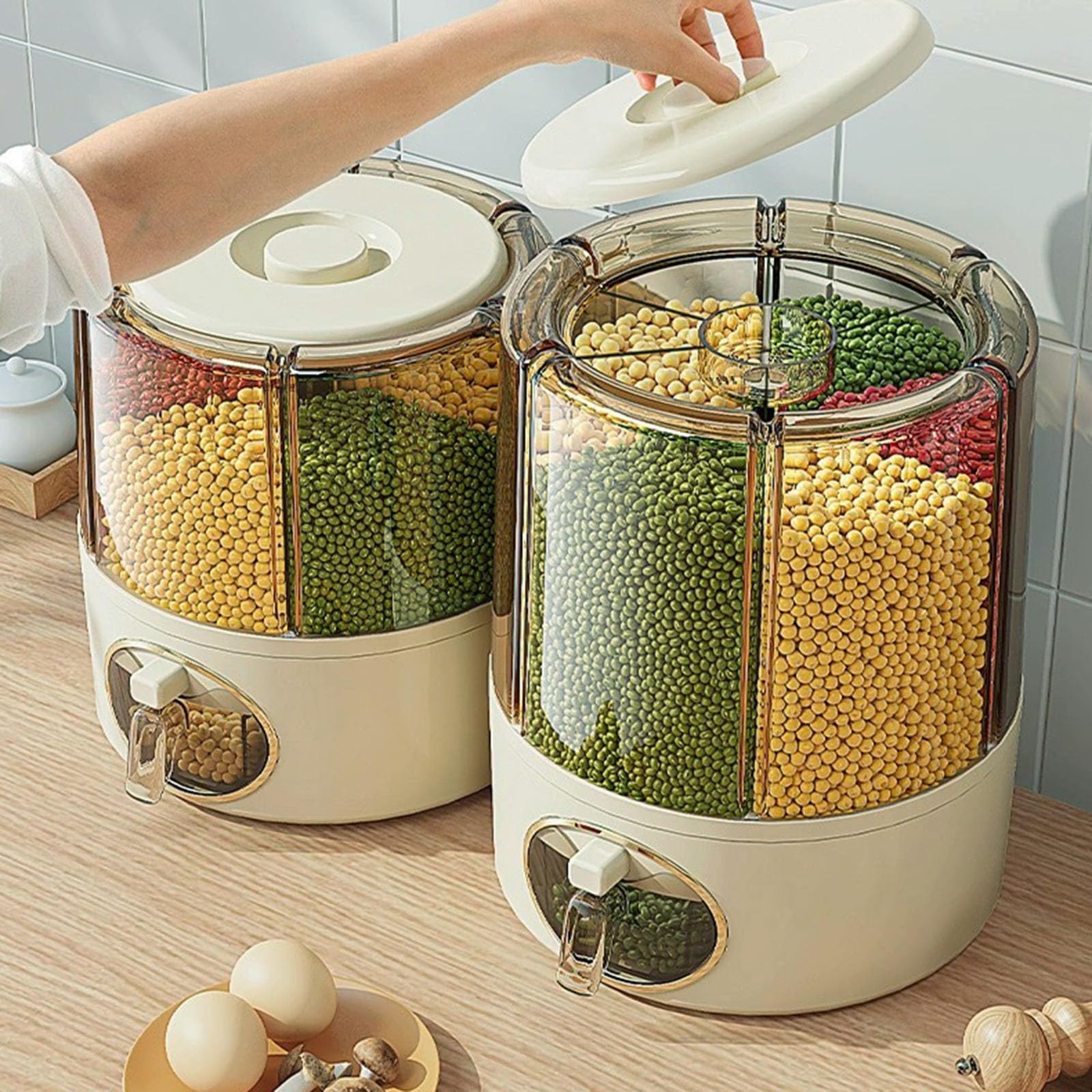 Conteneurs de rangement transparents avec tiroirs, 6 grilles rotatives à 360 °, distributeur de riz de cuisine, distributeur de riz rotatif en un clic, distributeur de nourriture sèche pour stocker