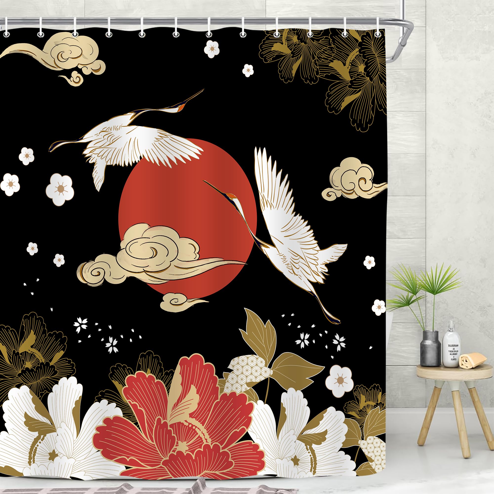Emwnodti Japanese Shower Curtain, Black Gold Pine Tree Red