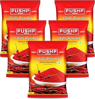 Pushp Brand Coarse Ground Red Chilli Powder (1kg Pack of 5)