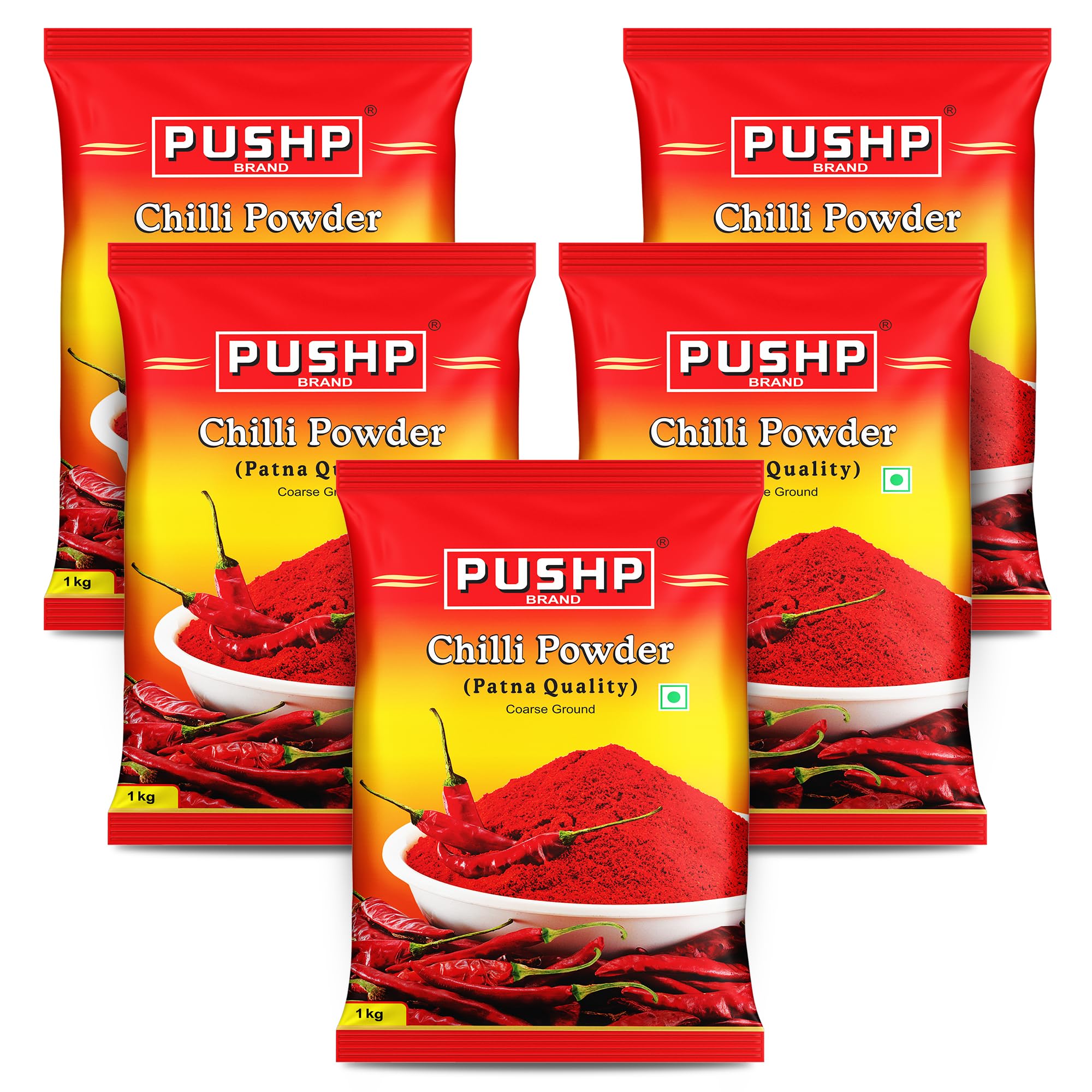 Pushp Brand Coarse Ground Red Chilli Powder (1kg Pack of 5)