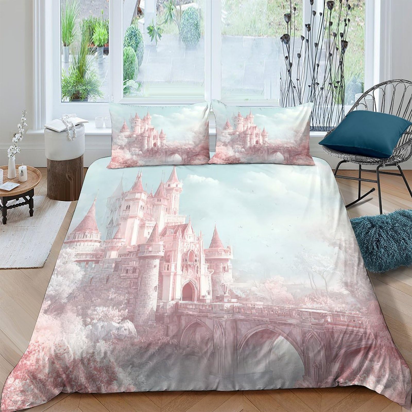 XFKLYNVCJ 3D Printed fairytale castle Comforter Cover Premium Polyester dreamy fantasy style Duvet Cover Shrink Resistant Stain Resistant Soft Comfortable Easy Care for Home Bedding Single（140x200cm）