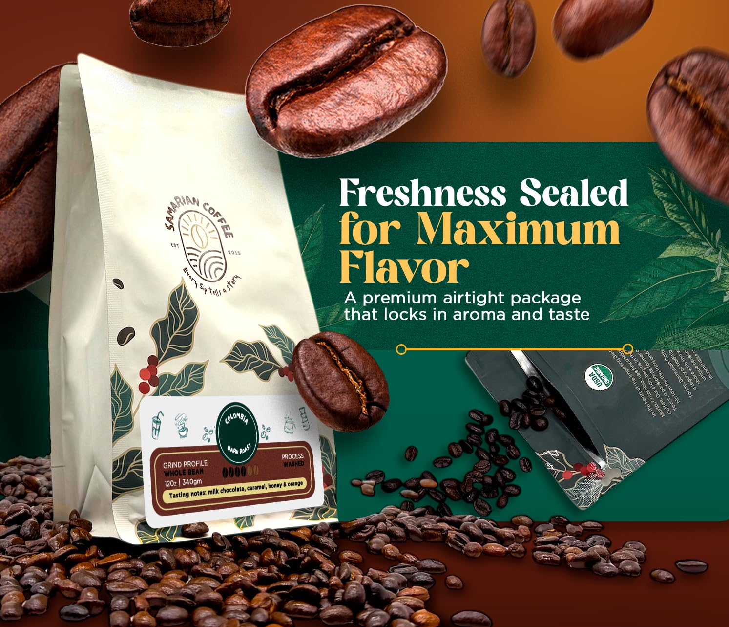 Samarian Coffee – Medium Roast Whole Bean – Colombian Specialty Coffee from Single Estate – Arabica with Citrus & Floral Notes – Smooth & Aromatic – For Pour Over, French Press, Chemex, V60 – 12oz Bag