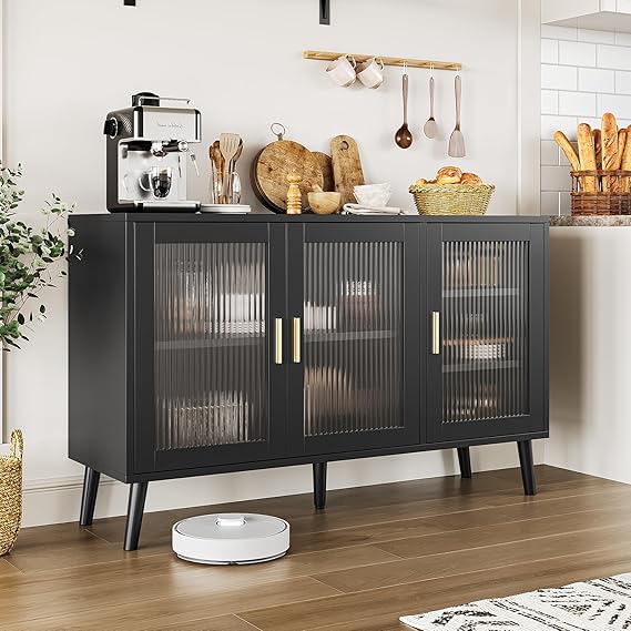 GarveeHome Sideboard Buffet Cabinet with Storage, Buffet Cabinet with Fluted Glass Door and Drawers, Sideboard for Kitchen, Dining Room, Black (Black, 48)