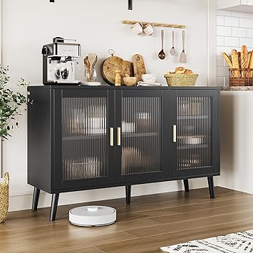 GarveeHome Sideboard Buffet Cabinet with Storage, Buffet Cabinet with Fluted Glass Door and Drawers, Sideboard for Kitchen, Dining Room, Black (Black, 48)