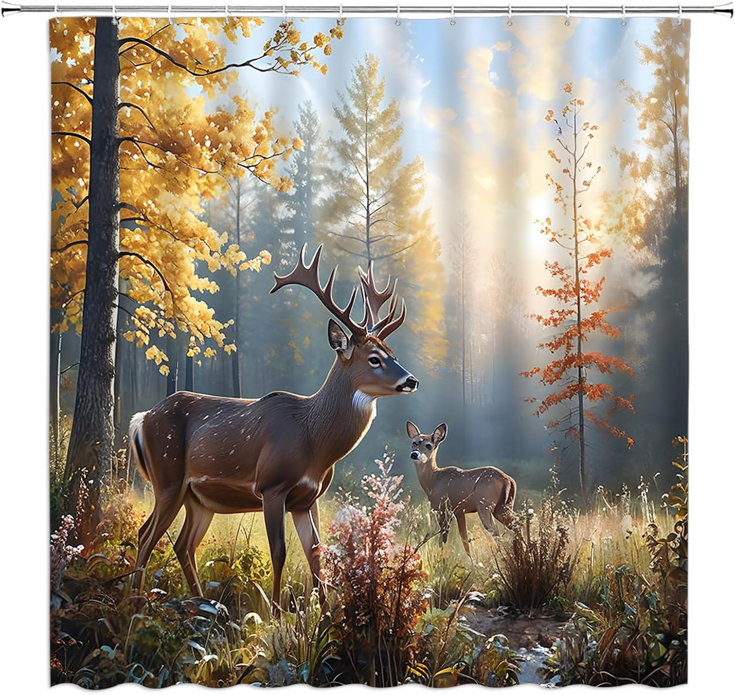 Rustic Deer Shower Curtain Fall Forest Deer Cabin Farmhouse Country Lodge Hunting Natural Scenery Fabric Bathroom Decor Set with Hooks,(70" Wx84 H)