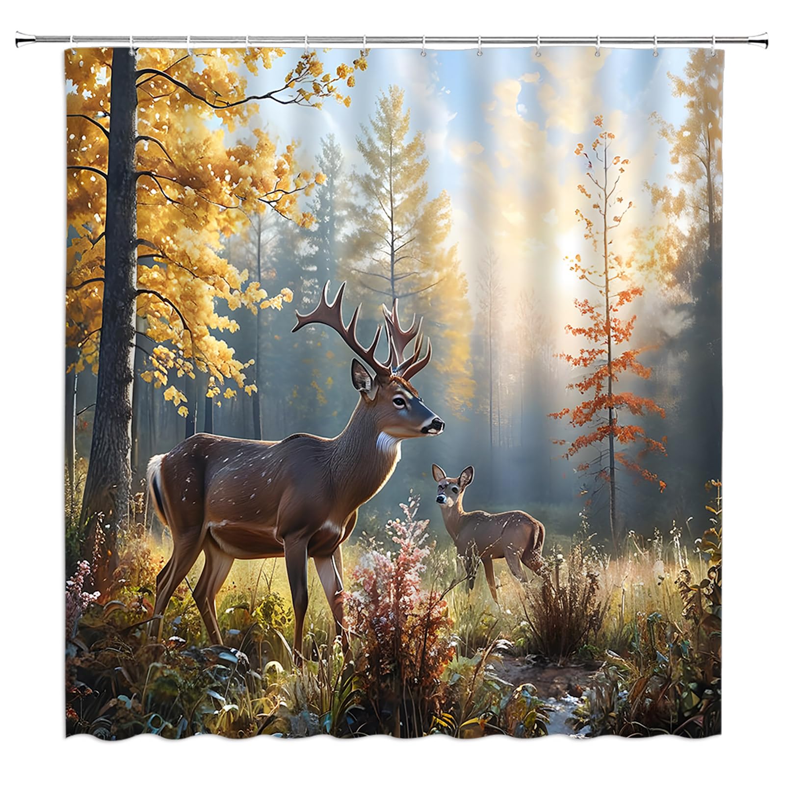 YSATNSFT Rustic Deer Shower Curtain Fall Forest Deer Cabin Farmhouse Country Lodge Hunting Natural Scenery Fabric Bathroom Decor Set with Hooks,(70"