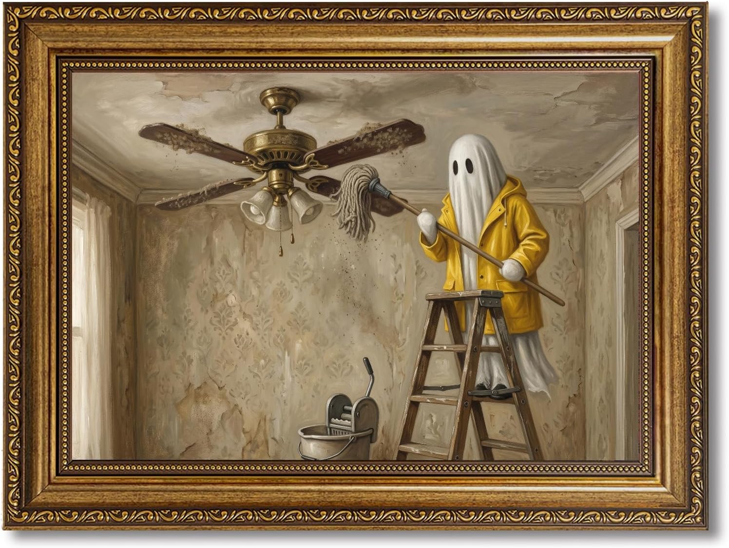 Gold Vintage Framed Ghost Cleaning Ceiling Halloween Wall Art Print
