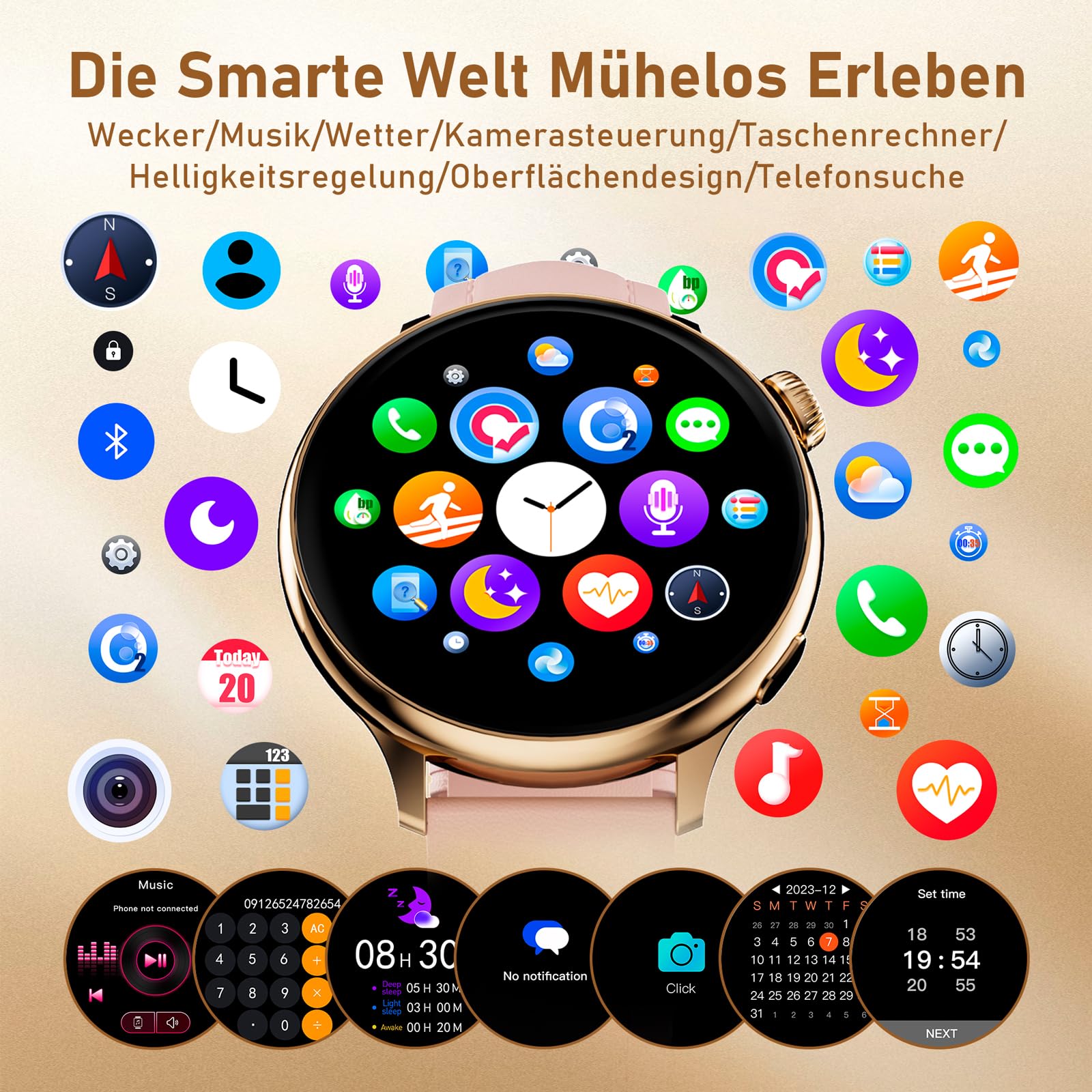 OKYUK Reloj Inteligente Mujer con Llamadas,1.27" HD Smartwatch Mujer con frecuencia cardíaca 24 h, monitorización de SpO2 y del sueño, 90+ Modos Deportivos, Compatible con Android e iOS (Dorado)