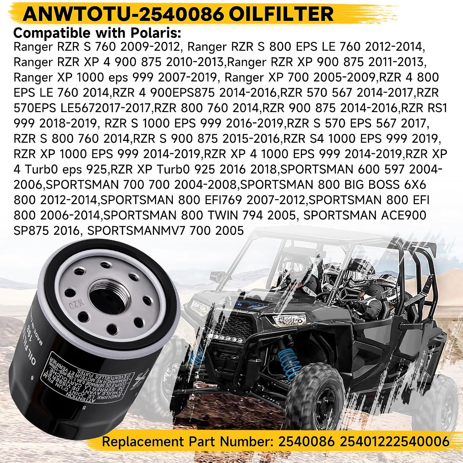 2PCS Oil Filter 2540086 2540122 for Polaris Ranger 570 700-900, RZR 800-900, Sportsman 600-800, General 1000