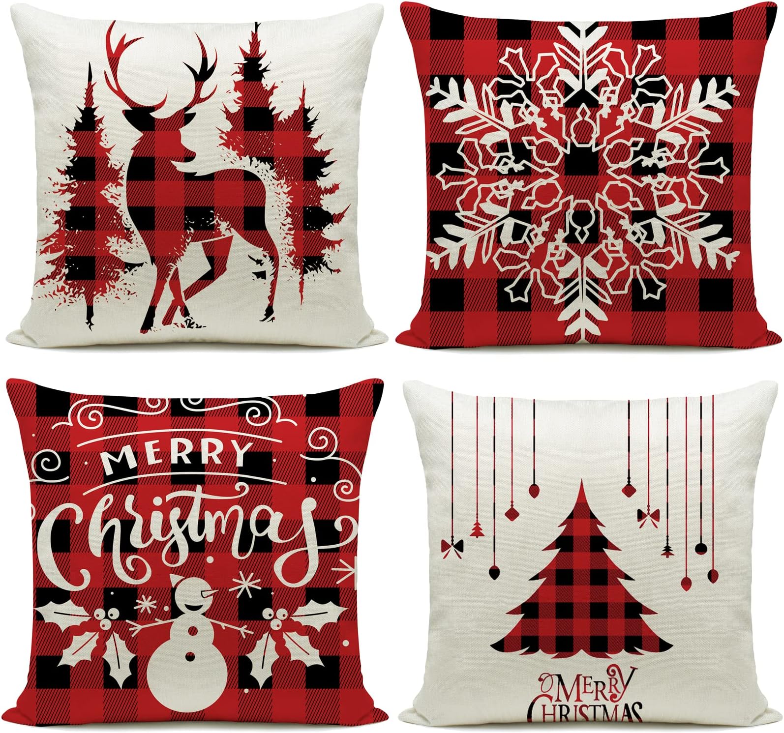 Hlonon Christmas Decorations Pillow Covers 18 x 18 Inches Set of 4 - Xmas Series Cushion Cover Case Pillow Custom Zippered Square Pillowcase