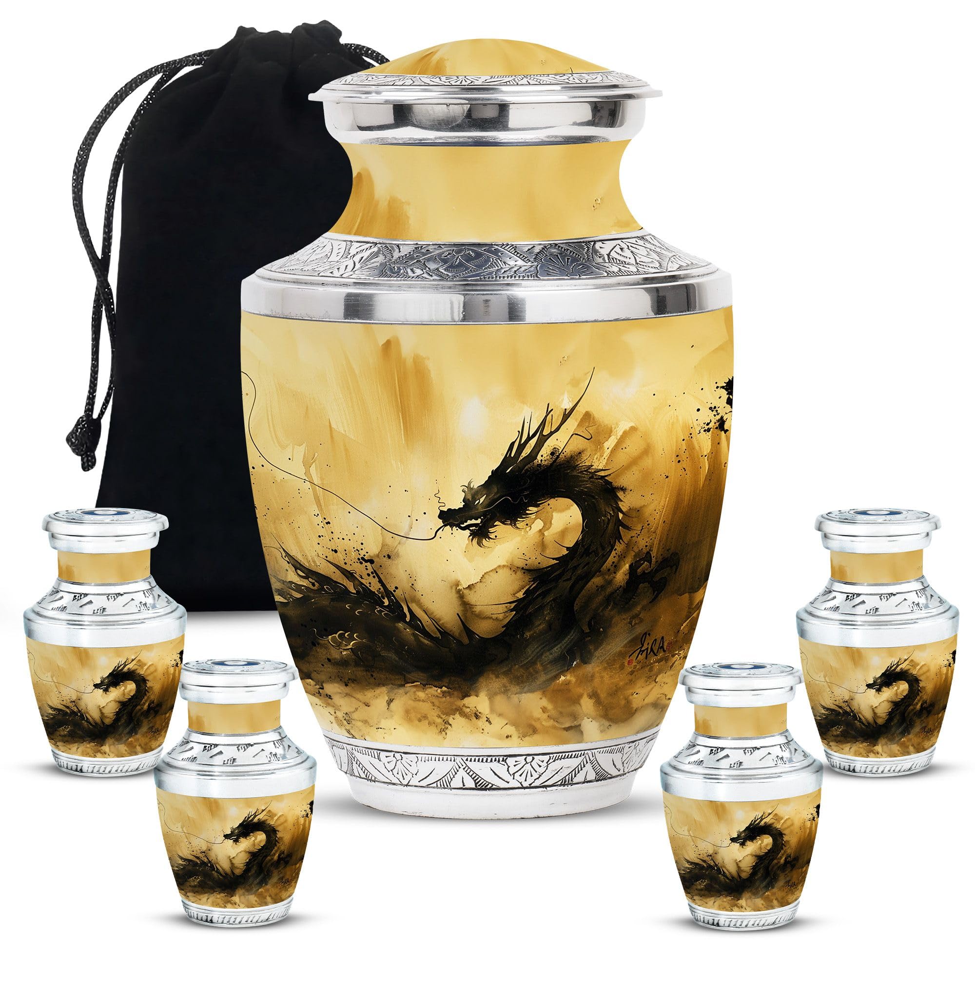 YATHABHISA Dragon 10" Urns for Men Ashes Adult Male Memorial Urns for Human Remians for Husband & Wife - Unique Urns for Human Ashes - Combo of 1 Large Urn with Velvet Bag and 4 Small โ image 1