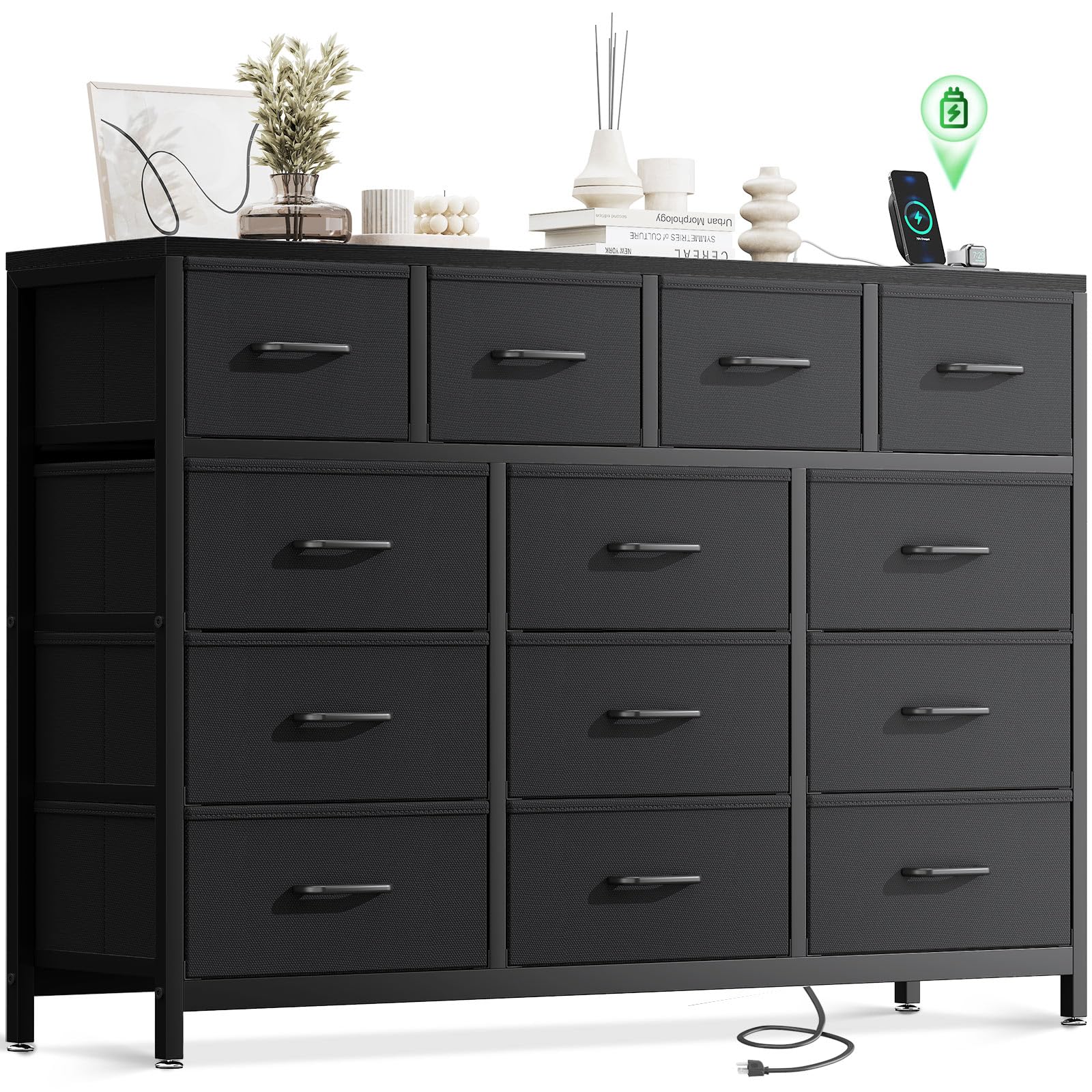 Casaottima Dresser for Bedroom with Charging Station, 57" Long Dresser with 13 Storage Drawers, Large Fabric Dressers Chests of Drawers with Shelves, Black
