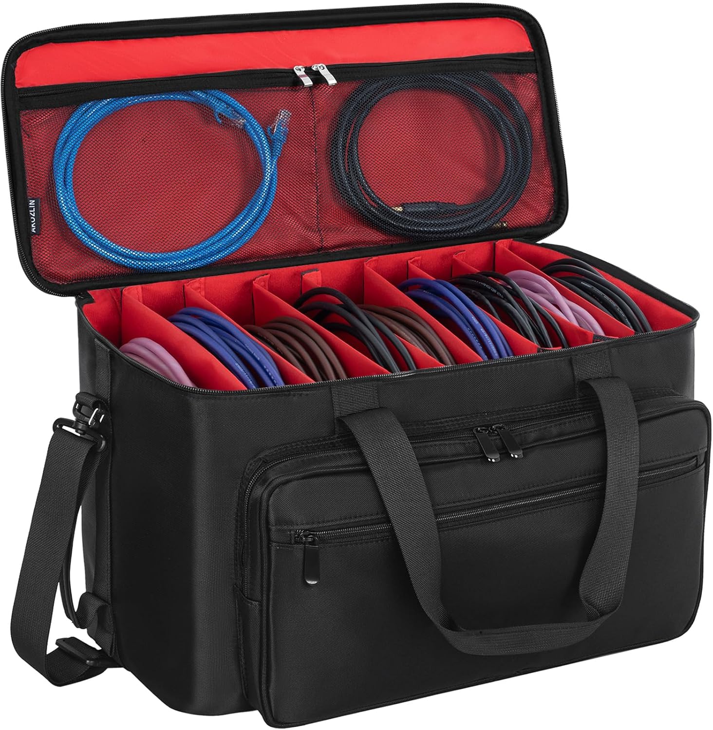 AKOZLIN Large Travel Gig Band Cable File Bag With Detachable Dividers DJ Cord Organizer Case for DJ Gear Sound Instrument and Musician Accessories Red