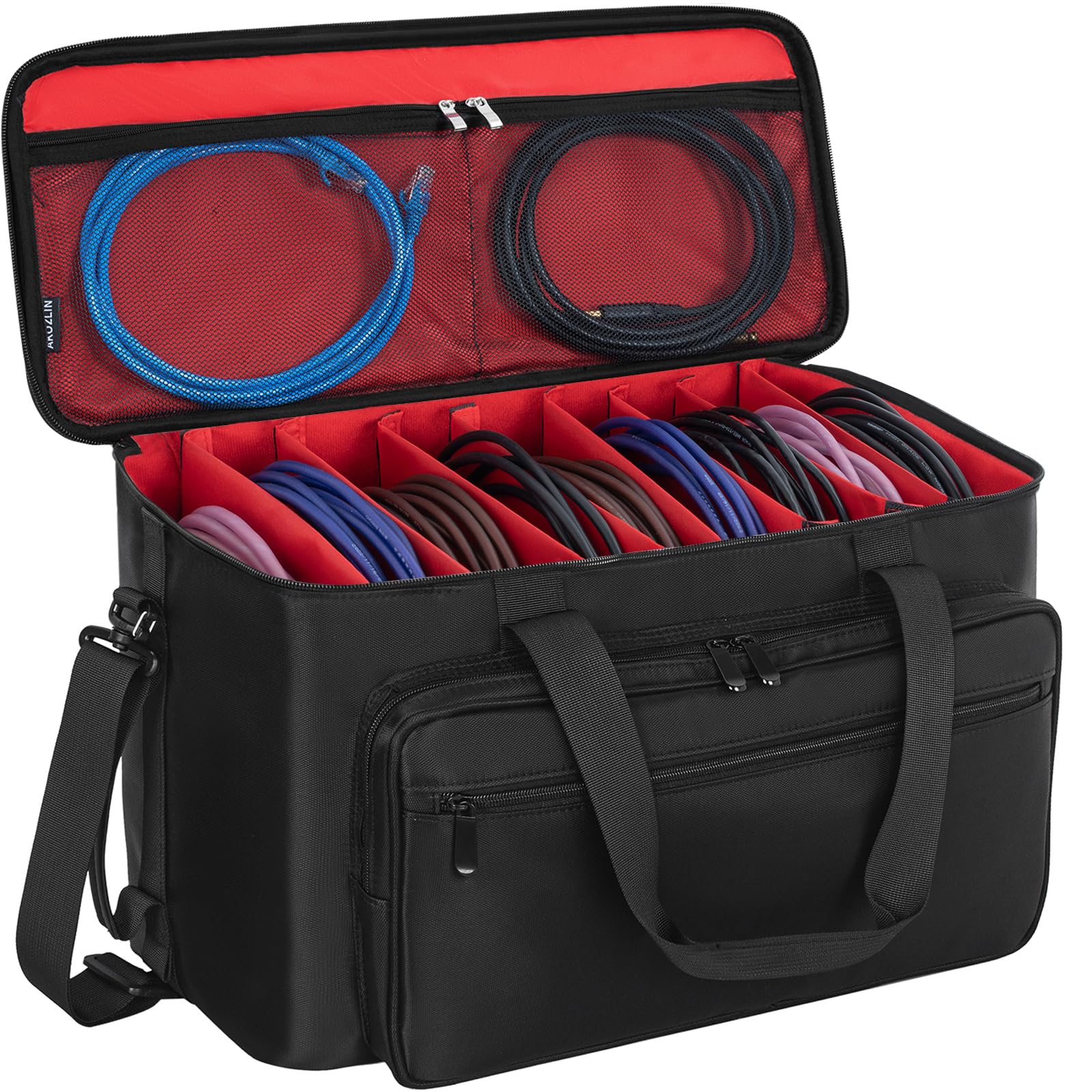 AKOZLIN Large Travel Gig Band Cable File Bag With Detachable Dividers DJ Cord Organizer Case for DJ Gear Sound Instrument and Musician Accessories Red