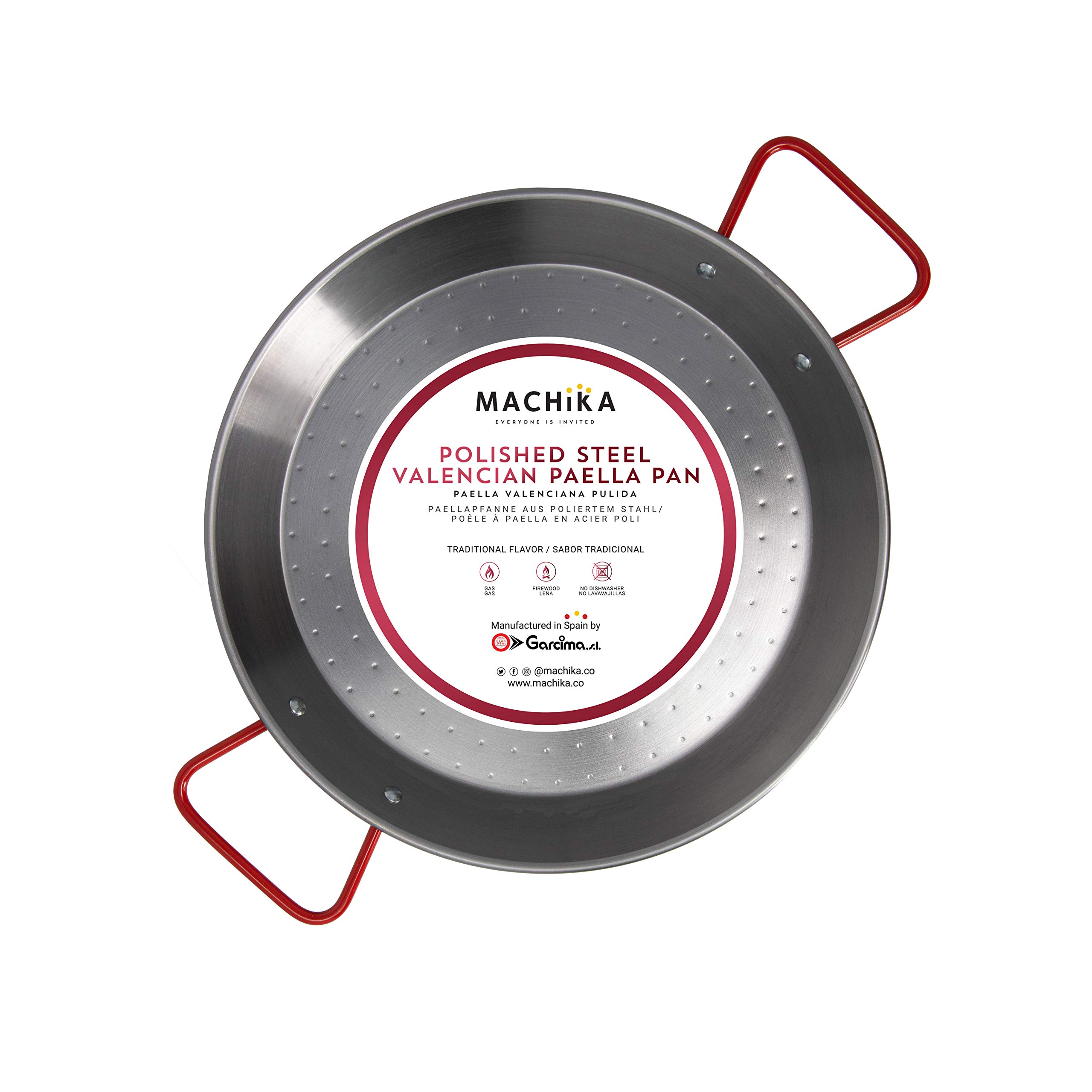 Machika13 inch Carbon Steel Paella Pan, 34cm Polished Steel Large Skillet From Spain, Great for Paella Parties Indoors, Outdoors, Camping & More, Imported Spanish Paellera, Made by Garcima