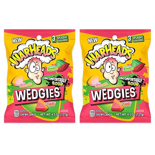 WARHEADS Wedgies - Caramelo masticable agrio - Sabor a limonada rosa, limonada de cereza y ponche de sandía, bolsas de 4.5 onzas, paquete de 2