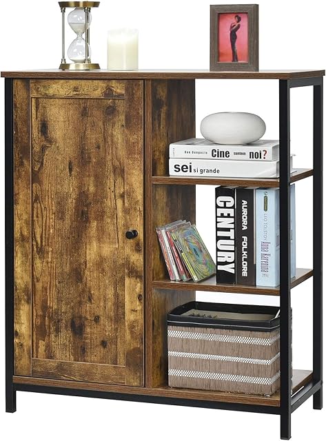 COSTWAY Industrial Storage Cabinet, Freestanding Wooden Bookcase Sideboard with Adjustable Shelves, Home Kitchen Living Room Hallway Display Organiser Cupboard