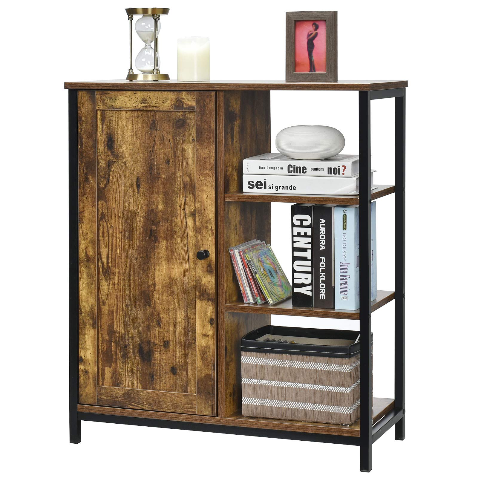 COSTWAY Industrial Storage Cabinet, Freestanding Wooden Buffet Sideboard with Doors, Adjustable Shelves & 3-Tier Side Rack, Home Kitchen Dining Room Display Organiser Cupboard (1 Door, 70x30x81cm) — image 1