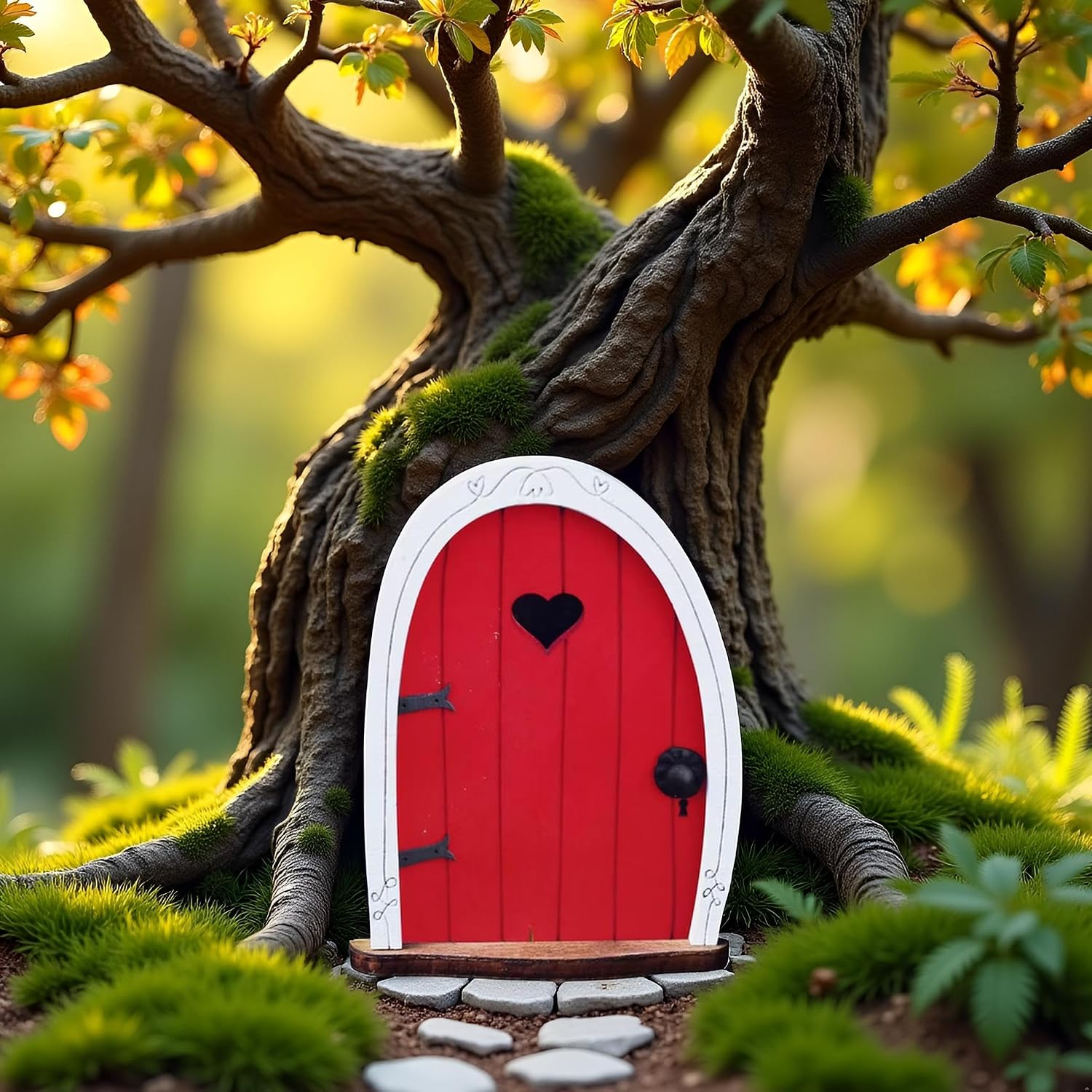 Jinshining Red Streak Mini Fairy Garden Door for Tree, 3D Miniature Fairy Door for Fairytale Tiny House Doors, Bonsai Terrarium Micro Landscape Decoration Accessories Garden Miniatures