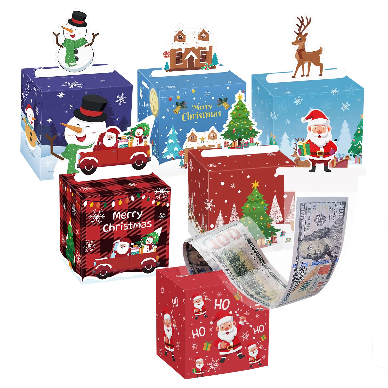 MoKo Christmas Money Box for Cash Gift Pull, 6 Pack Surprise Money Gift Box for Kids Adults with 160 Pcs Transparent Bags, A Fun Way to Give Cash to Girls and Boys, Christmas Decor Ideas, Red and Blue